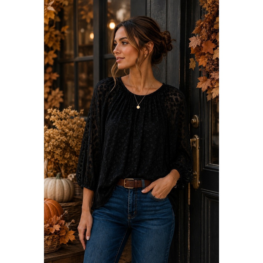 Susan Graver Blouse Sheer Textured Black Leopard Print Flowy Feminine Medium